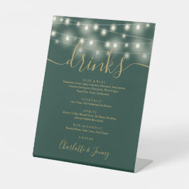 Lichterkette Grün und Gold Hochzeit Getränke Menü Sockelschild