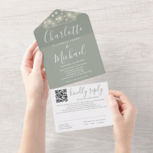 Lichterkette Hellgrün Schriftzug QR-Code Hochzeit All In One Einladung
