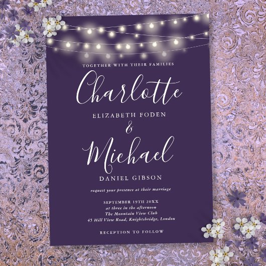 Lichterkette Lila Elegante Schrift Hochzeit Einladung