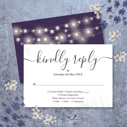 Lichterkette Lila Schrift Mahlzeitenwahl RSVP Karte