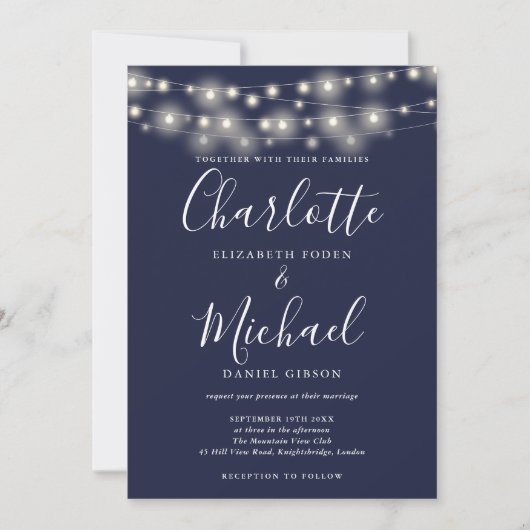 Lichterkette Navy Blau Elegante Schrift Hochzeit Einladung (Vorderseite)