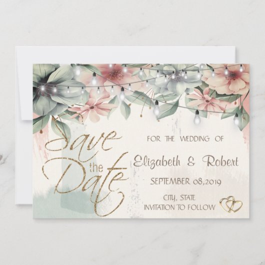 Lichterkette, Pinselstrich, Blumen Save The Date (Vorderseite)