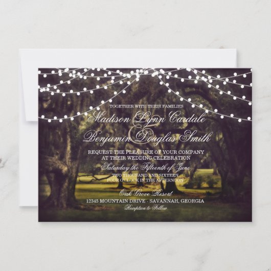 Lichterkette Rustikale Eichenbaum-Hochzeitskarten Einladung (Vorderseite)