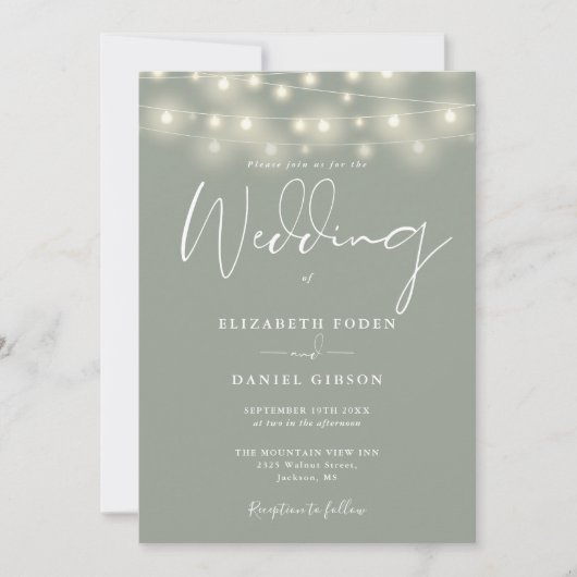 Lichterkette Sage Green QR-Code Hochzeit Einladung (Vorderseite)
