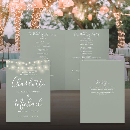 Lichterkette Sage Grün Elegantes Skript Hochzeit Programm