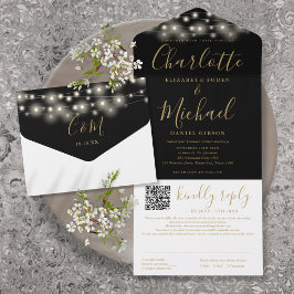 Lichterkette Schwarz Gold Schrift QR-Code Hochzeit All In One Einladung