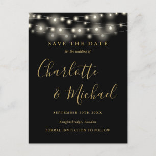 Lichterkette Schwarz und Gold Hochzeit Save the Da Postkarte