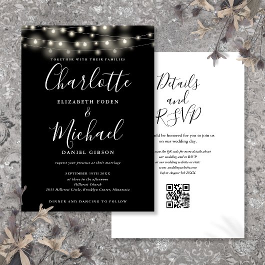 Lichterkette Skript Schwarz Weiß QR-Code Hochzeit Einladung