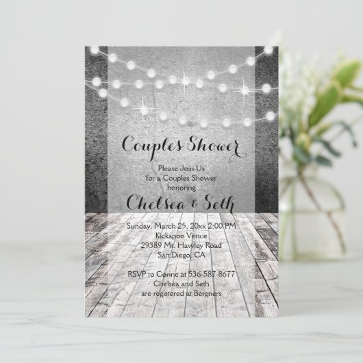 Lichtreihe rustikaler Holzhintergrund Einladung (Stehend Vorderseite)