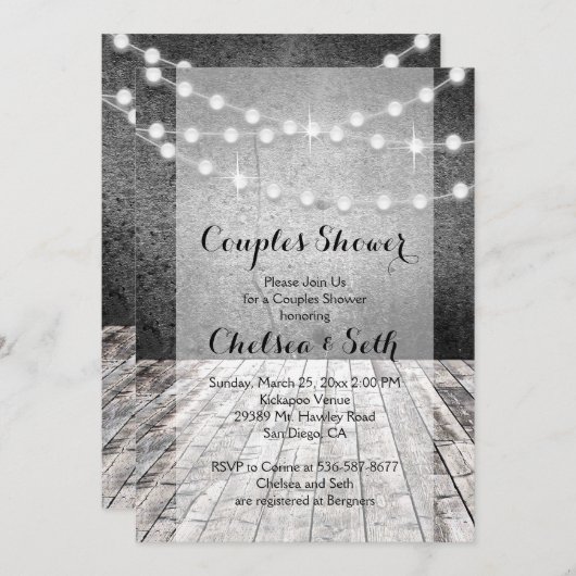 Lichtreihe rustikaler Holzhintergrund Einladung (Vorne/Hinten)