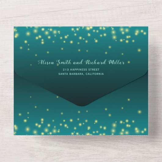 Lichtstrahlen aquamarin blaue Winternachtshochzeit All In One Einladung (Rückseite)