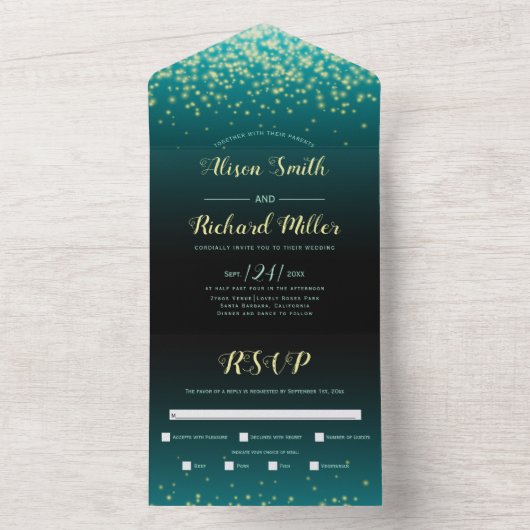 Lichtstrahlen aquamarin blaue Winternachtshochzeit All In One Einladung (Innen Boden)