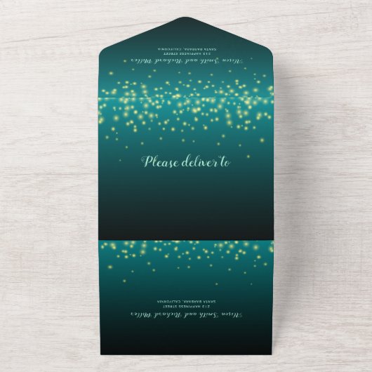 Lichtstrahlen aquamarin blaue Winternachtshochzeit All In One Einladung (Außenbereich)