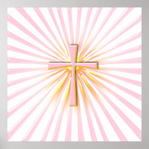 Lichtstrahlen aus dem religiösen Kreuz (auf Weiß) Poster