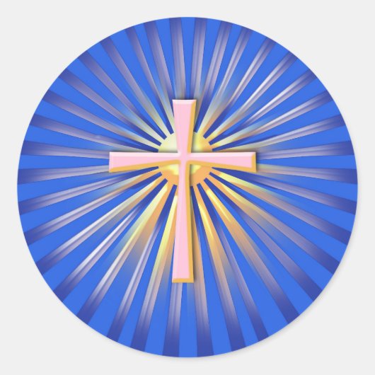 Lichtstrahlen aus dem religiösen Kreuz (On Blue) Runder Aufkleber (Vorderseite)