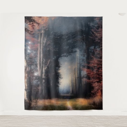 Lichtweg in einem Baumwald Wandteppich (Vorderseite)