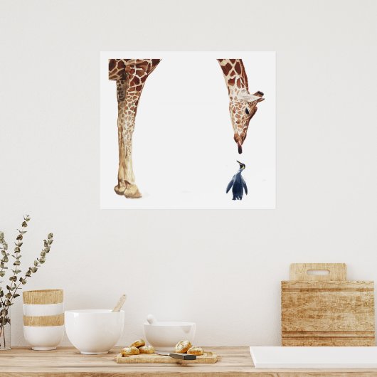 "Licker mit Pinguin" Giraffe Wasserfarbe Poster (Küche)