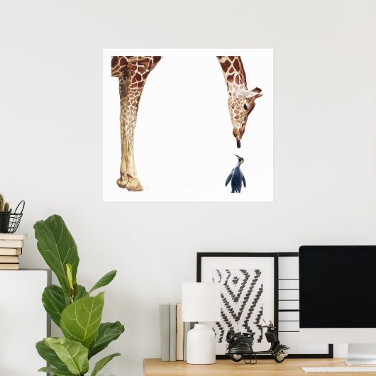 "Licker mit Pinguin" Giraffe Wasserfarbe Poster (Heimbüro)