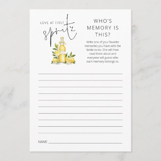 Liebe 1. Spritz Who's Memory Brautparty Game Einladung (Vorderseite)