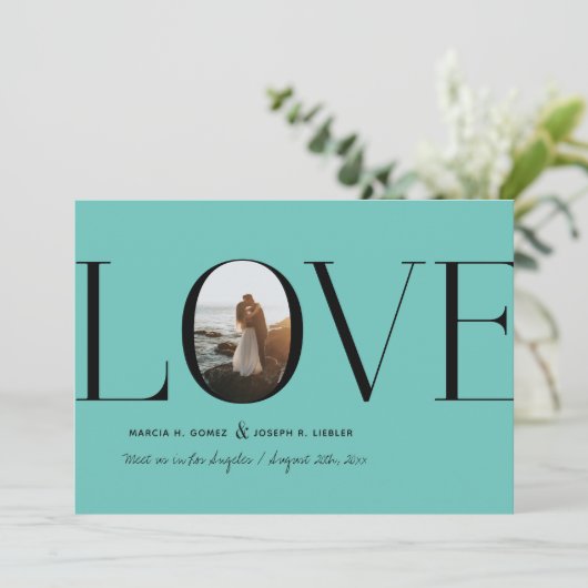 Liebe Aquamarines blaues Foto Save The Date (Stehend Vorderseite)