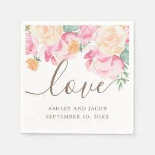 Liebe. Aquarell rosa und pfirsichfarbene Blumenele Serviette