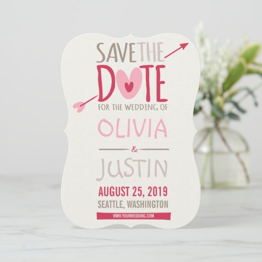 Liebe Arrow & Hearts Whimsical Foto Save the Date (Stehend Vorderseite)