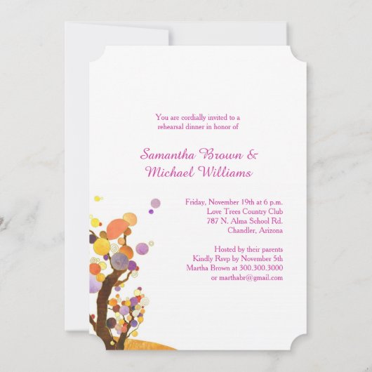 Liebe Bäume in Lila Probe Hochzeit Abendessen Einladung (Rückseite)