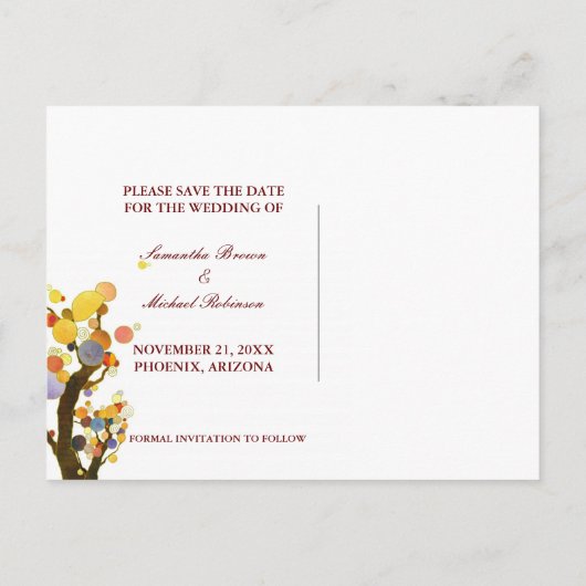 Liebe Bäume rustikale Hochzeit speichern das Datum Ankündigungspostkarte (Rückseite)