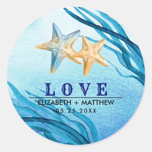 Liebe. Beach Starfish Custom Wedding Runder Aufkleber (Vorderseite)