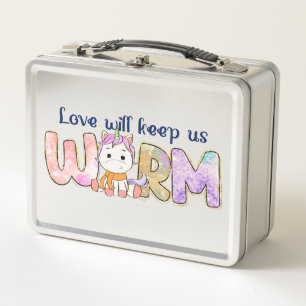 Liebe Behalte uns warm Adorable Einhorn Winter Metall Brotdose