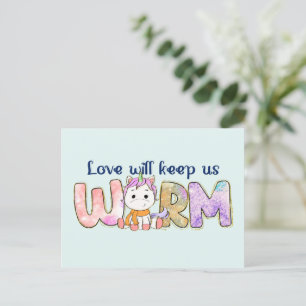 Liebe Behalte uns warm   Adorable Einhorn Winter Postkarte