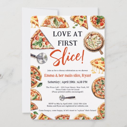 Liebe bei First Slice Pizza Bridal Couples Dusche Einladung (Vorderseite)