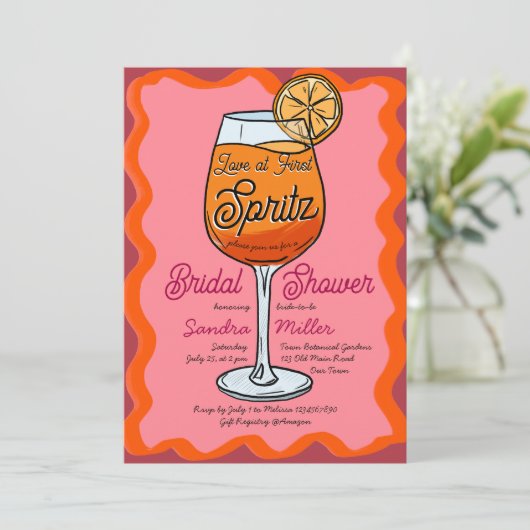 Liebe beim ersten Spritz Retro wavey Orange Sketch Einladung (Stehend Vorderseite)