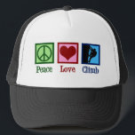 Liebe Bergsteigen Truckerkappe<br><div class="desc">Peace Liebe Climb geschrieben unter einem grünen Friedensschild, ein rotes Herz und ein Kletterer, der auf einen Berg klettert. Ein großartiges Geschenk für einen Athleten in Extremsport.</div>
