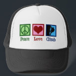 Liebe Bergsteigen Truckerkappe<br><div class="desc">Peace Liebe Climb geschrieben unter einem grünen Friedensschild,  ein rotes Herz und ein Kletterer,  der auf einen Berg klettert. Ein großartiges Geschenk für einen Athleten in Extremsport.</div>