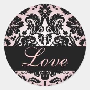 Liebe Black & Pink Damask Hochzeitsticker Runder Aufkleber