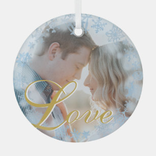 Liebe Blaue Schneeflocken Rahmen Personalisiertes Ornament Aus Glas
