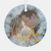 Liebe Blaue Schneeflocken Rahmen Personalisiertes Ornament Aus Glas (Rückseite)