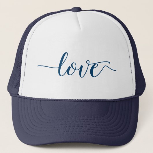 Liebe Blue Script Typografie Truckerkappe (Vorderseite)