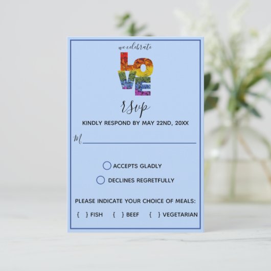 LIEBE Blue Themed Blume Same Sex Hochzeit RSVP Aut (Stehend Vorderseite)