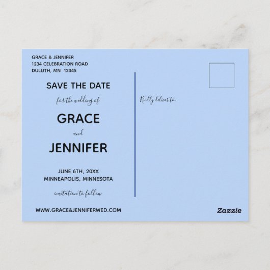 LIEBE Blue Themed Same Wedding Save the Date Postkarte (Rückseite)