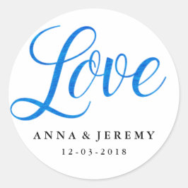 Liebe Blue Watercolor Hochzeitsticker Runder Aufkleber