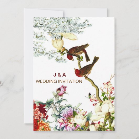 Liebe Blühend Vögel & Blume Hochzeitseinladungen © Einladung (Vorderseite)