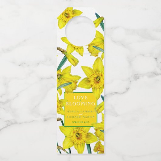Liebe blüht Aquarellgelb Frühjahrshochzeit Flaschenanhänger (Vorderseite)