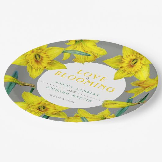 Liebe blüht Aquarellgelb Frühjahrshochzeit Pappteller (Schrägansicht)