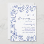 Liebe blüht Blauer Vintage Blumendusche Einladung (Vorderseite)