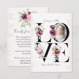 LIEBE Blush Floral Baby Girl's Birthday Guest Dankeskarte