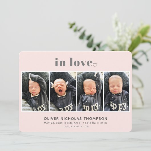 Liebe Blush Simple Modern Birth Announction (Stehend Vorderseite)