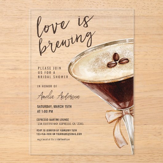 Liebe Braut Espresso Martini Brautparty Acryleinladungen (Vorderseite)