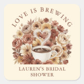 Liebe Braut Floral Kaffeebraun Herz Braut- Quadratischer Aufkleber (Vorderseite)